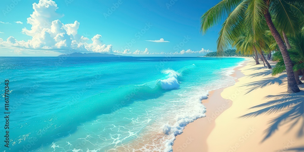 Fototapeta premium Tropical Paradise: Tranquility and Escape on a pristine beach with crystal clear turquoise waters, swaying palm trees and a picturesque sky. 