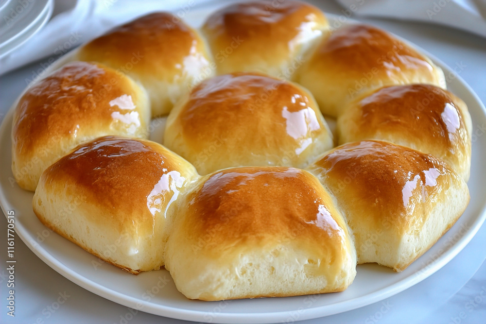 Stunning dinner rolls with a glossy sheen served on a plate. (Generative AI) Stunning dinner rolls with a glossy sheen served on a plate. (Generative AI)