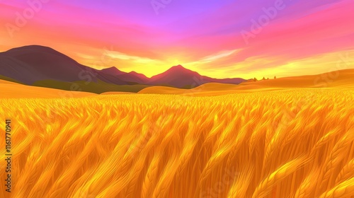 A vibrant sunset over a golden wheat field, showcasing nature's beauty and tranquility.