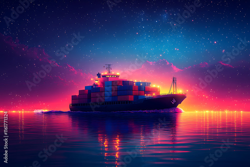 A detailed vector illustration of a cargo ship, navigating through calm waters under a starry night sky. The ship features stacked containers, symbolizing global trade, logistics, and maritime transpo photo