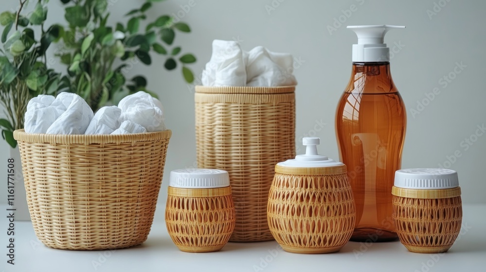 Wicker bathroom containers, tissues, amber bottle. Wicker bathroom containers, tissues, amber bottle.