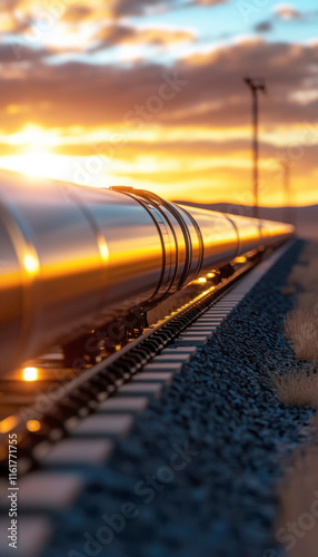 Modern train tracks glimmer under a golden sunset sky. photo