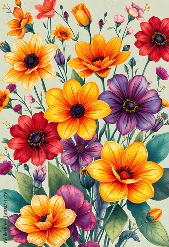 Wallpaper Mural Vibrant flowers bloom with rich colors, creating a mesmerizing floral display that brings warmth and beauty to any setting, hand-drawn digital illustration, with white tones Torontodigital.ca