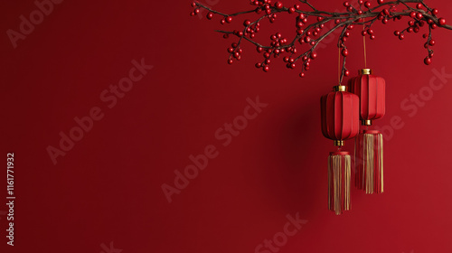 Red Lanterns Hang From Branch With Red Berries Against Red Background