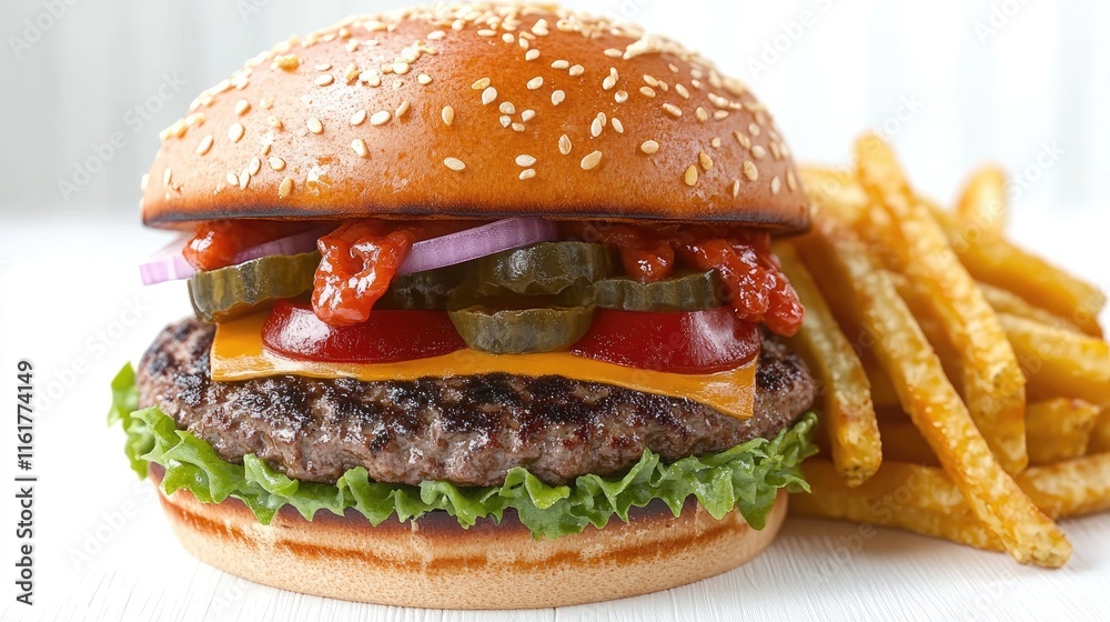 A delicious burger with toppings and fries, showcasing a classic fast-food meal. A delicious burger with toppings and fries, showcasing a classic fast-food meal.