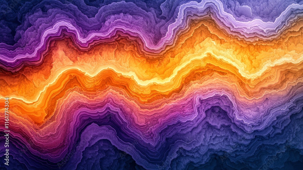 Fototapeta premium Abstract background with vibrant wavy layers in purple, orange, and yellow tones.