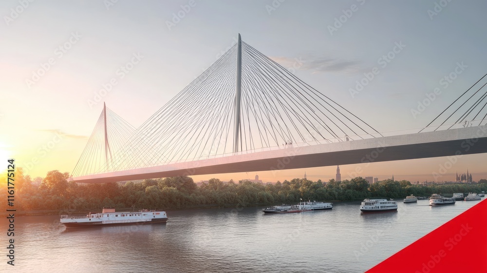 Fototapeta premium A modern cable-stayed bridge over a river at sunset, with boats nearby.