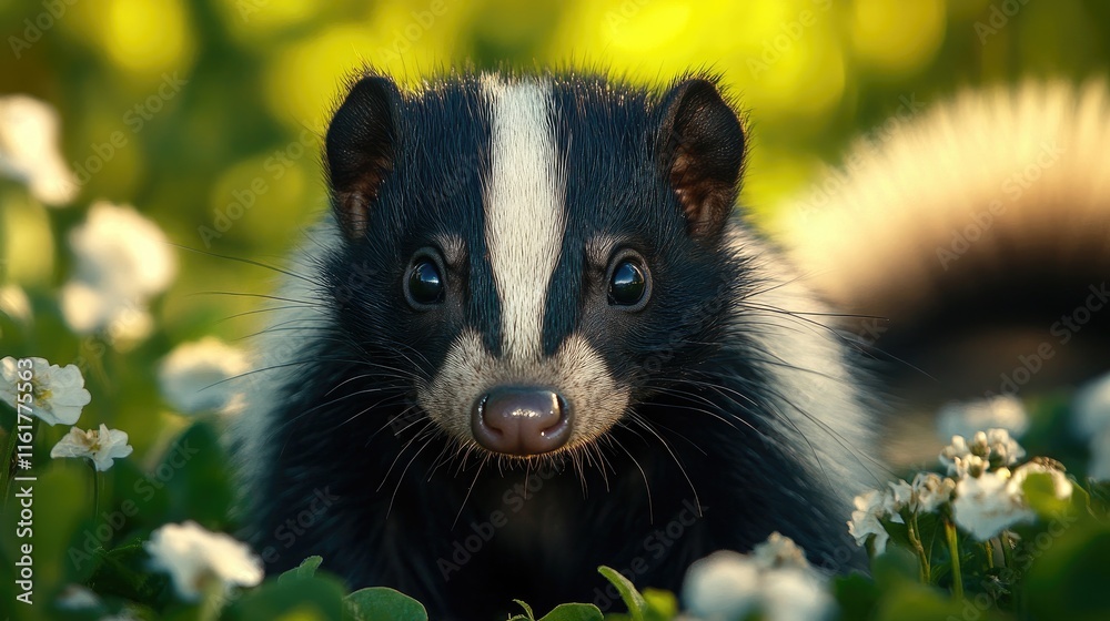A close-up of a skunk among flowers, showcasing its distinctive markings and curious expression. A close-up of a skunk among flowers, showcasing its distinctive markings and curious expression.