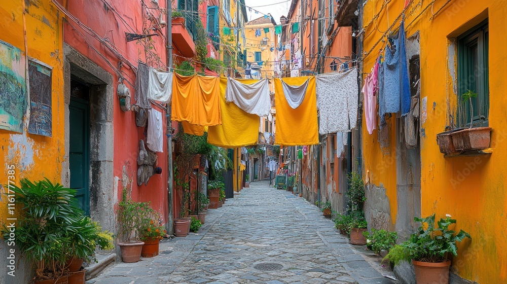 Fototapeta premium A colorful alleyway adorned with hanging laundry and vibrant buildings.