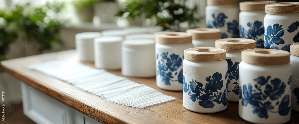 Rustic Wooden Table with Blue Floral Ceramic Jars and Linen Runner Rustic Wooden Table with Blue Floral Ceramic Jars and Linen Runner