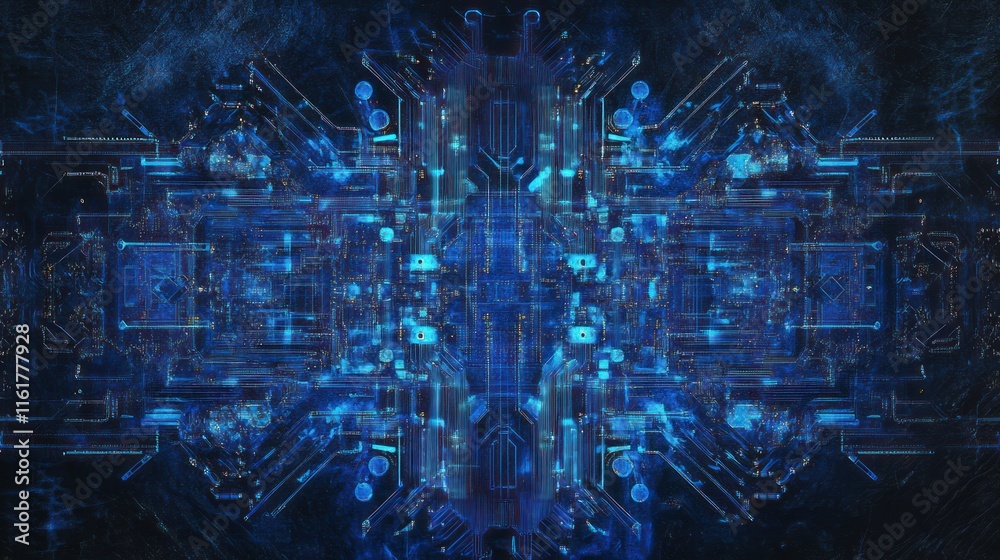 Abstract digital circuit board glowing blue with intricate details, symmetrical design.