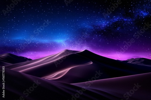 Nighttime desert landscape featuring sand dunes under a vibrant starry sky with purple and blue hues above