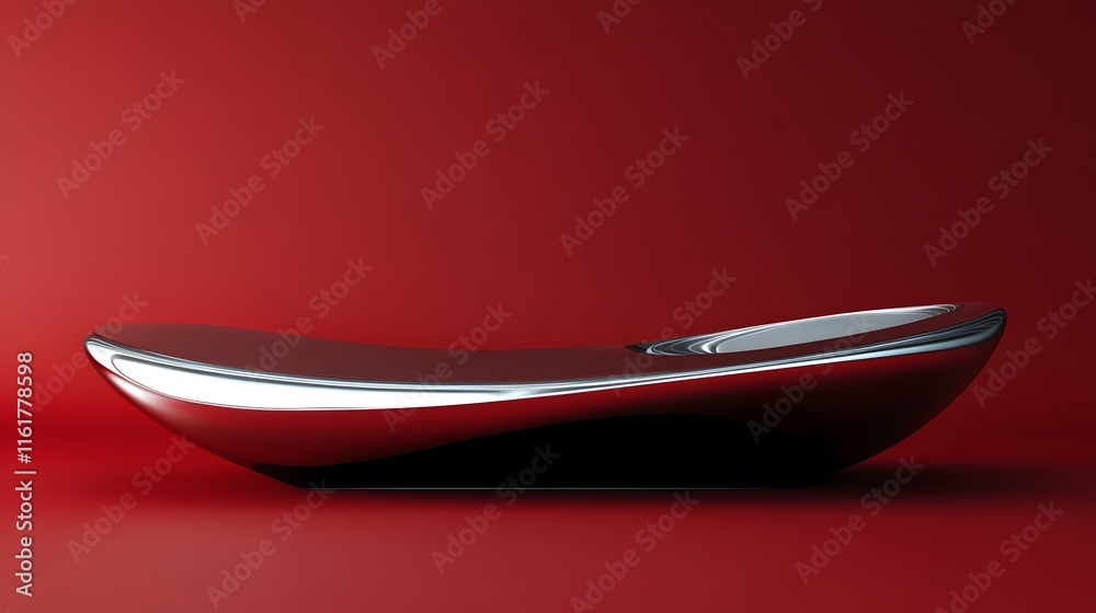 A futuristic podium with a metallic surface, designed for an empty display, set against a rich red background. A futuristic podium with a metallic surface, designed for an empty display, set against a rich red background.