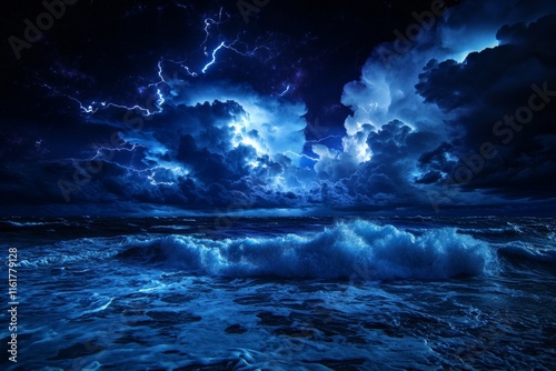 A dramatic seascape with turbulent waves under a night sky illuminated by glowing clouds above the horizon