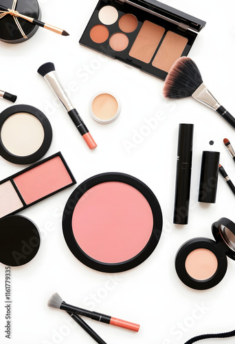 set of professional decorative cosmetics, makeup tools and accessory isolated on white background. beauty, fashion and shopping concept. flat lay composition, top view, pop-art