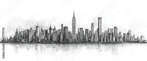 Detailed Pencil Sketch of the New York City Skyline, Reflective Water, Black and White