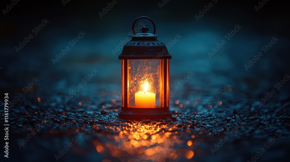 A glowing lantern with a candle illuminating a wet surface, creating a warm ambiance. A glowing lantern with a candle illuminating a wet surface, creating a warm ambiance.