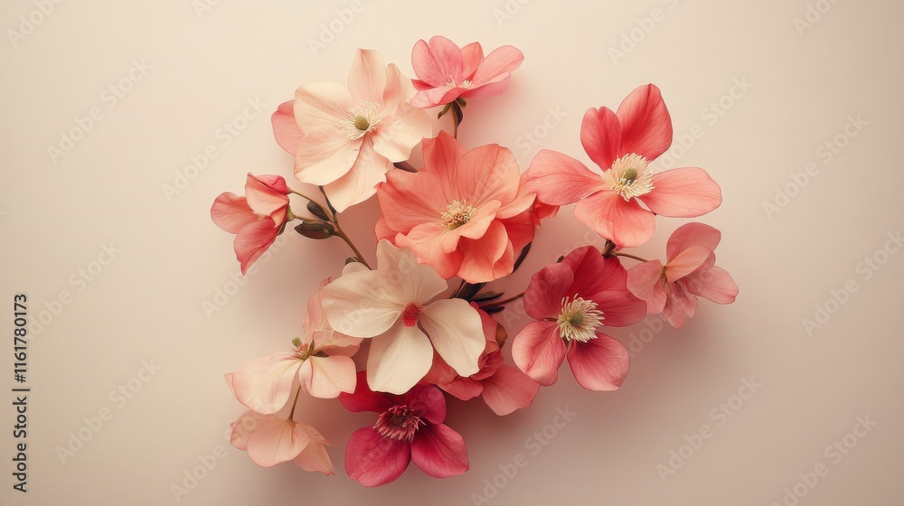 Small sprig of delicate pink and peach cherry blossom on beige Small sprig of delicate pink and peach cherry blossom on beige