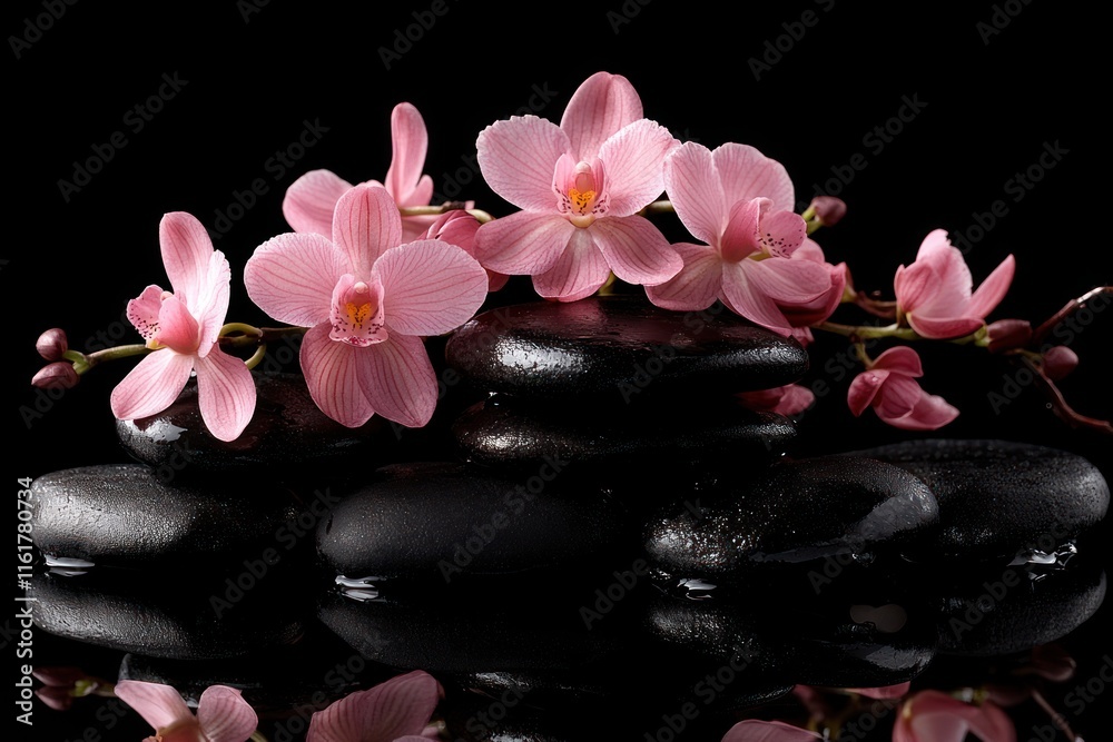 A serene arrangement of pink orchids on smooth black stones, evoking tranquility and beauty. A serene arrangement of pink orchids on smooth black stones, evoking tranquility and beauty.