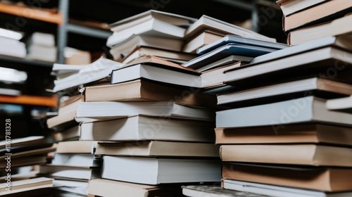 A close-up of stacked books in a library or storage area, showcasing various s and sizes. photo