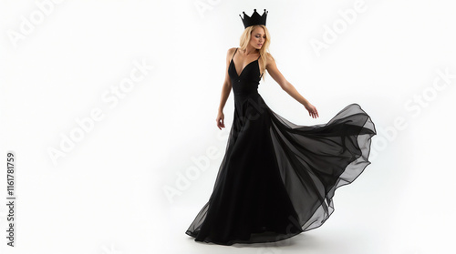 blonde woman in long black dress and black crown on white background mockup with empty space for text or design