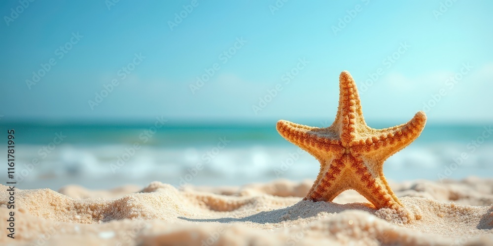 Starfish on the Beach: A single starfish rests on the pristine white sand of a tropical beach, its orange-brown hues contrasting against the azure water and endless blue sky. Starfish on the Beach: A single starfish rests on the pristine white sand of a tropical beach, its orange-brown hues contrasting against the azure water and endless blue sky.