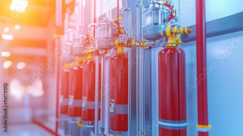 A row of fire extinguishers in a modern facility for safety and fire prevention. photo