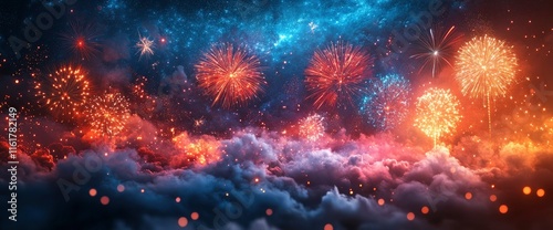 Fireworks Display over Dreamlike Cloudscape at Night