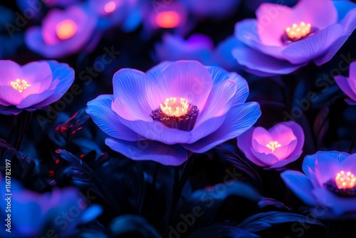 A field of glowing purple flowers with bright yellow centers illuminated in the dark garden setting tonight