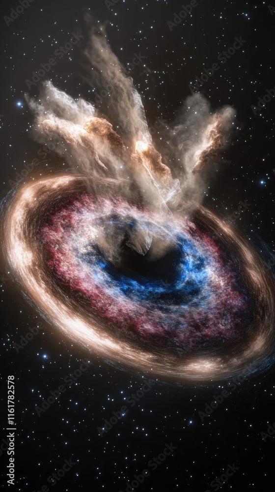 Fototapeta premium A cosmic scene depicting a colorful nebula with gas and dust swirling around a black hole.