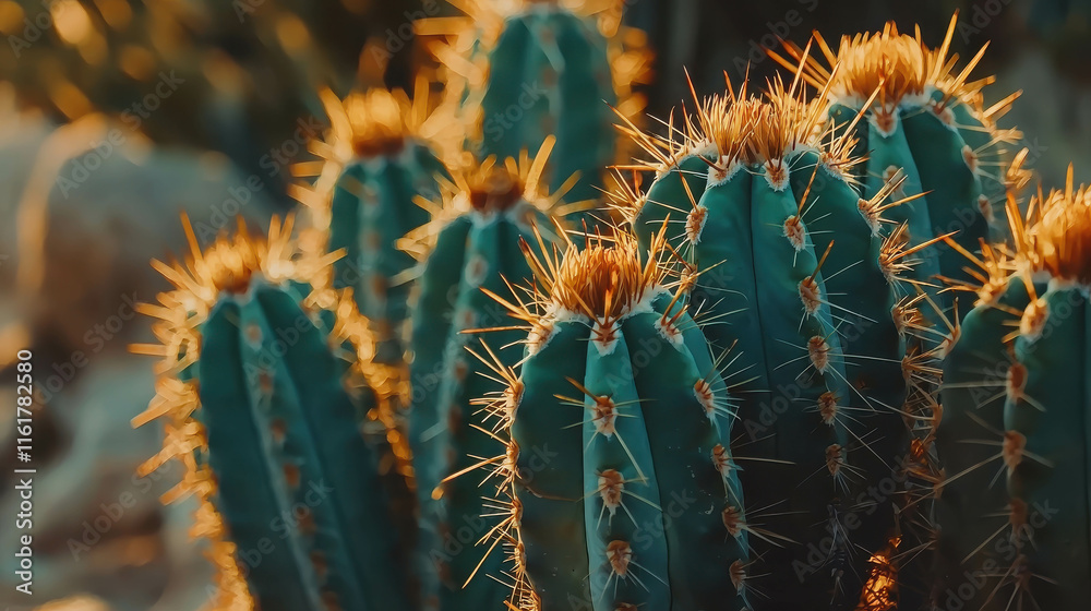 Close-Up of Several Cacti with Vivid Green Skin and Golden Spines Close-Up of Several Cacti with Vivid Green Skin and Golden Spines