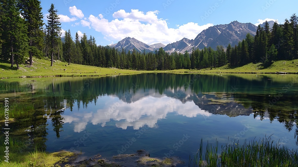A tranquil lake reflecting a distant, infinite mountain range. A tranquil lake reflecting a distant, infinite mountain range.