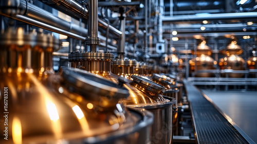 Copper stills shining in modern distillery producing alcoholic beverages
 photo