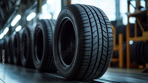 Close-up of new tires in a modern tire manufacturing facility
