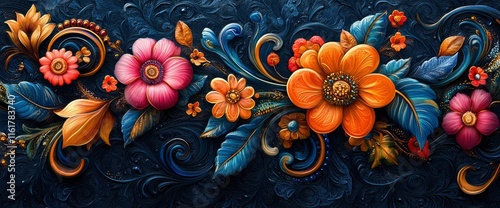 Luxurious 3D Embossed Floral Design  Intricate Baroque Style Flowers and Leaves on Dark Background