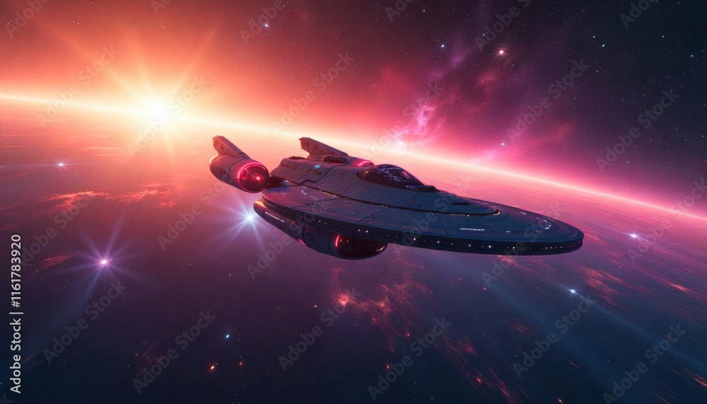 Obraz premium Vast cosmic expanse, luminous galaxies glowing, nebulae swirling with vivid colors, sleek Star Trek-inspired spaceship, futuristic design, exploring uncharted space, shimmering starlight, deep space 7
