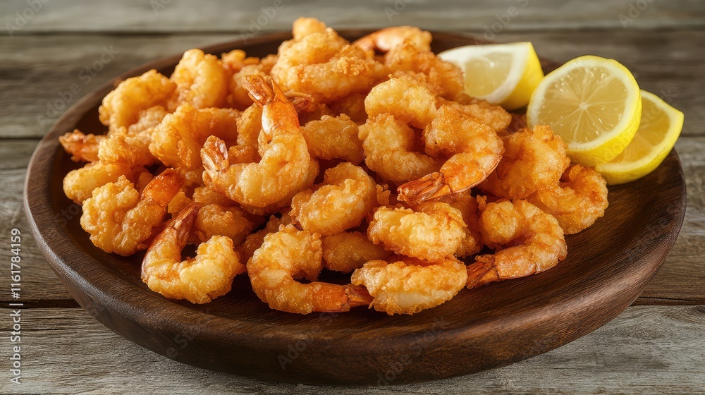 Crispy Fried Shrimp with Lemon Slices on Wooden Serving Plate