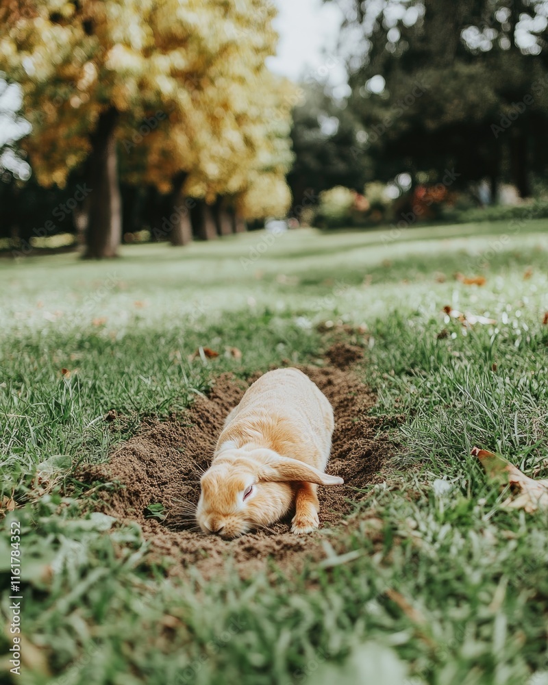 A rabbit resting in a shallow burrow on a grassy field surrounded by trees. A rabbit resting in a shallow burrow on a grassy field surrounded by trees.
