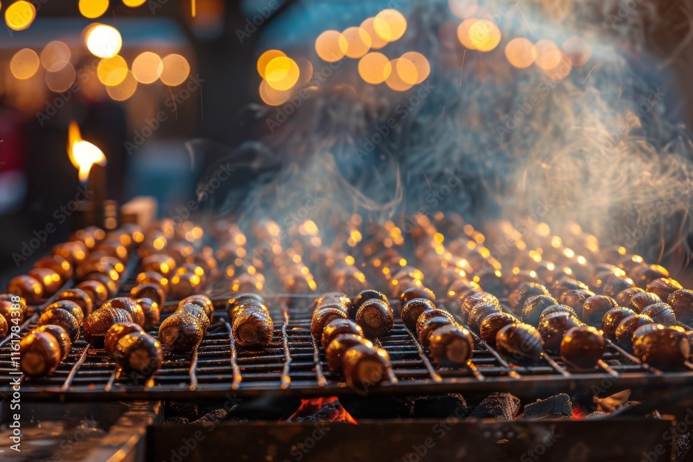 Roasted chestnuts, street food in winter at a market at night Roasted chestnuts, street food in winter at a market at night
