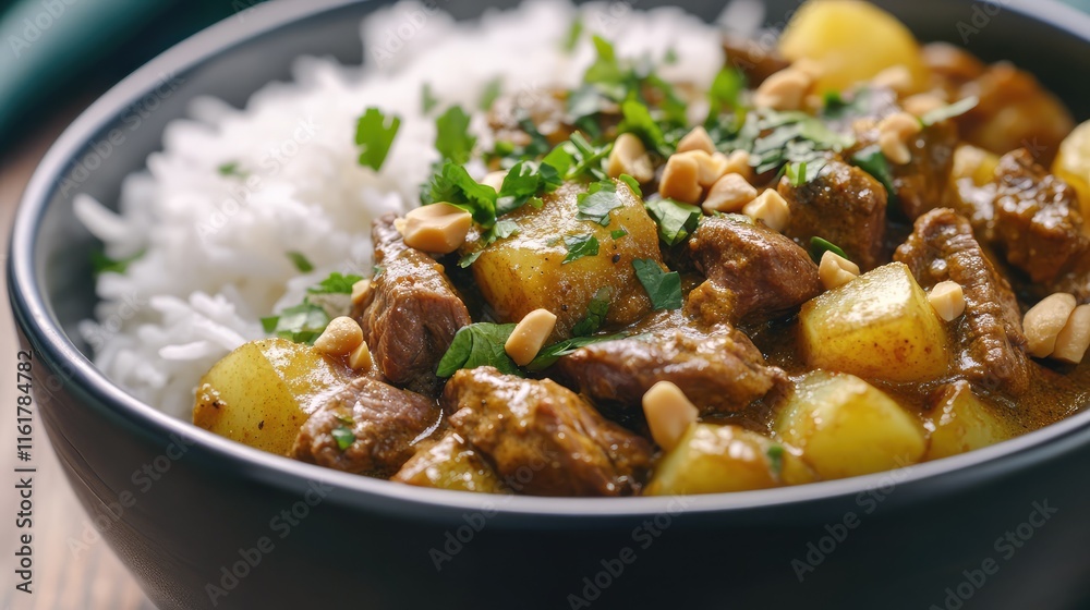 Savory Stew with Rice and Fresh Herbs in a Black Bowl Savory Stew with Rice and Fresh Herbs in a Black Bowl