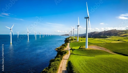 A serene landscape featuring wind turbines along the coastline, blending green fields with blue waters under a clear sky.
