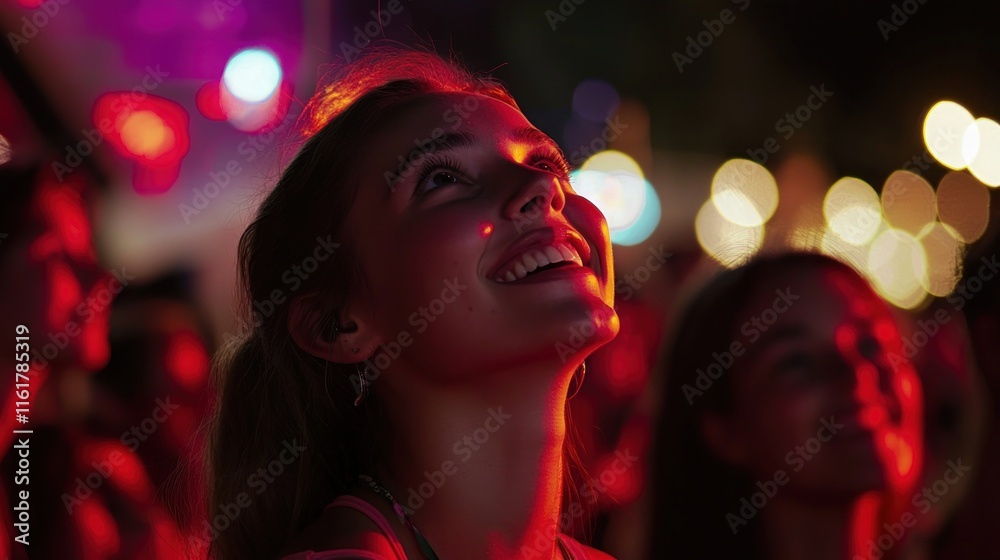 A festival scene with people smiling and looking upwards, watching a performance or display. A festival scene with people smiling and looking upwards, watching a performance or display.