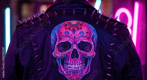 Spiked Leather Jacket Featuring A Painted Sugar Skull Design photo