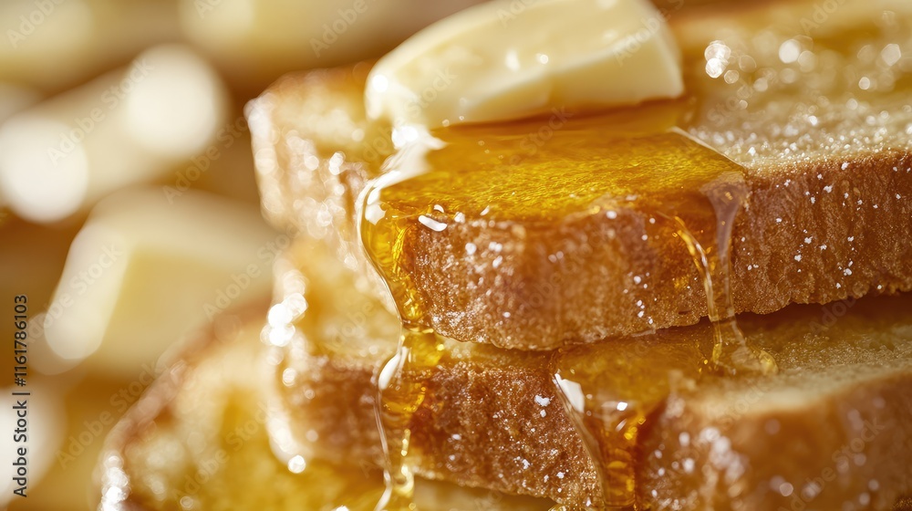 Golden Toast with Butter and Drizzling Honey Close-Up Delight Golden Toast with Butter and Drizzling Honey Close-Up Delight