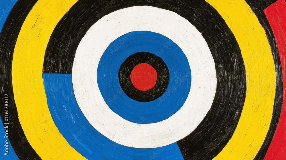 Abstract concentric circles in red, yellow, blue, black and white. Abstract concentric circles in red, yellow, blue, black and white.