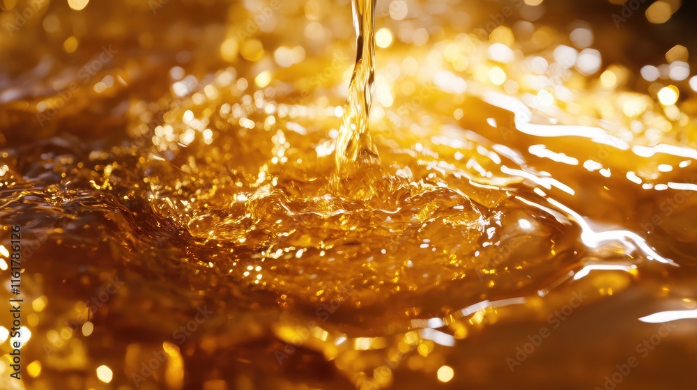 Close-Up of Golden Liquid Flowing in Shimmering Water Surface Close-Up of Golden Liquid Flowing in Shimmering Water Surface
