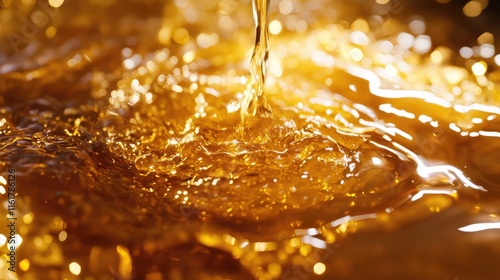 Close-Up of Golden Liquid Flowing in Shimmering Water Surface photo