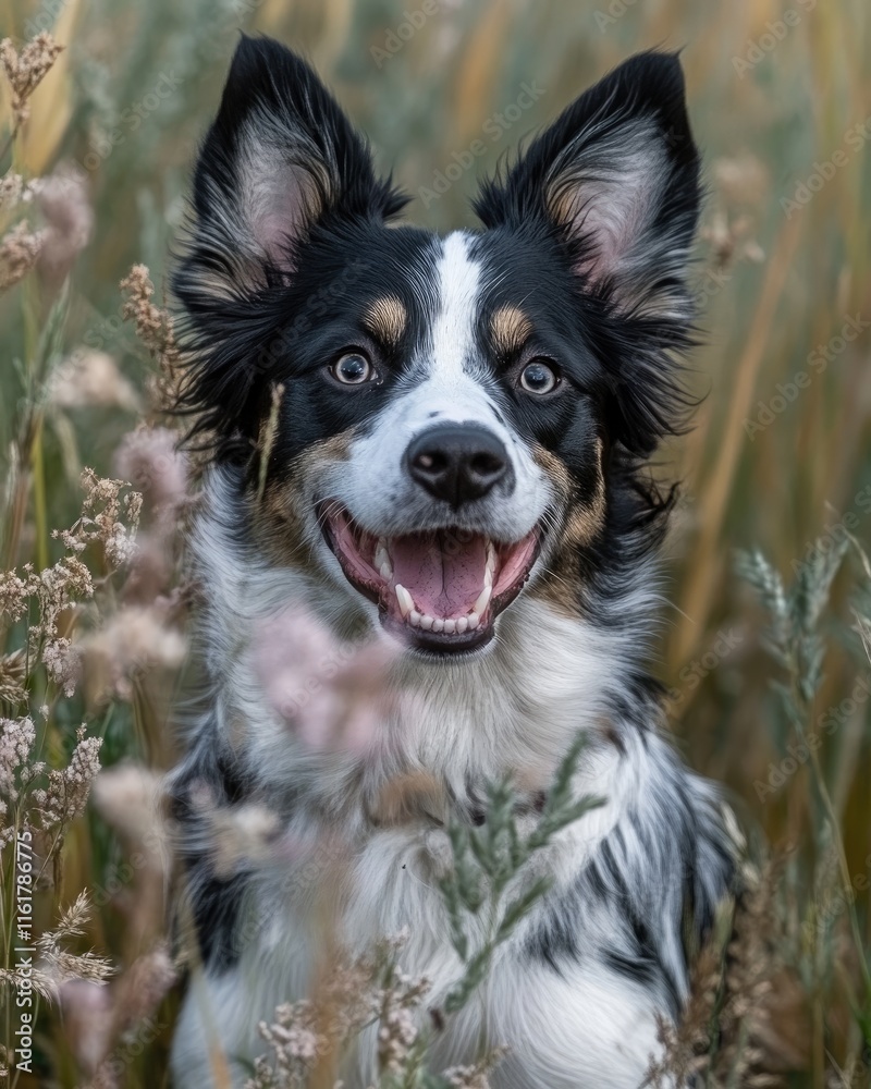 A happy dog with a joyful expression in a field of tall grass and flowers. A happy dog with a joyful expression in a field of tall grass and flowers.