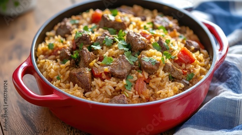 Savory Beef and Rice Dish in a Red Cooking Pot on Wooden Table