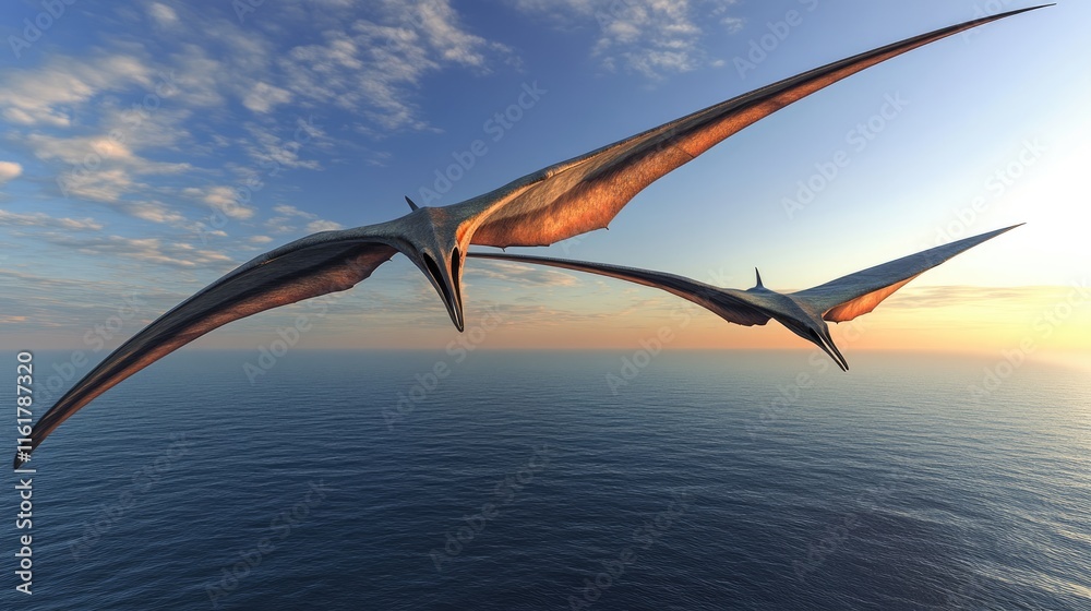 Two pterosaurs flying over a calm ocean at sunset. Two pterosaurs flying over a calm ocean at sunset.